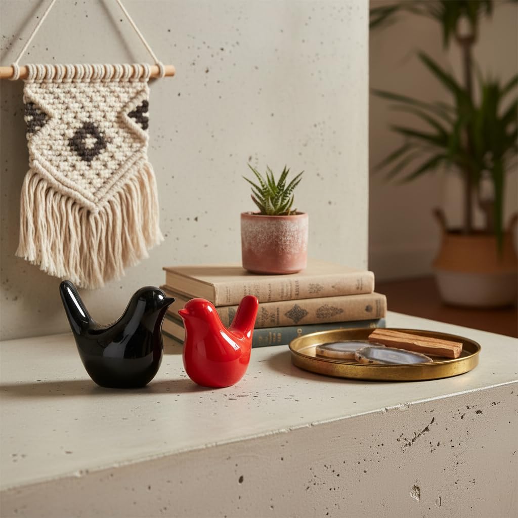 Small Ceramic Bird Statue and Sculpture for Home Decor Accents,Modern Animal Ornaments for Living Room,Bedroom,Coffee Table Centerpiece,Bookshelf,Cabinets,Cute Knick Knacks for Shelves (Black Red)