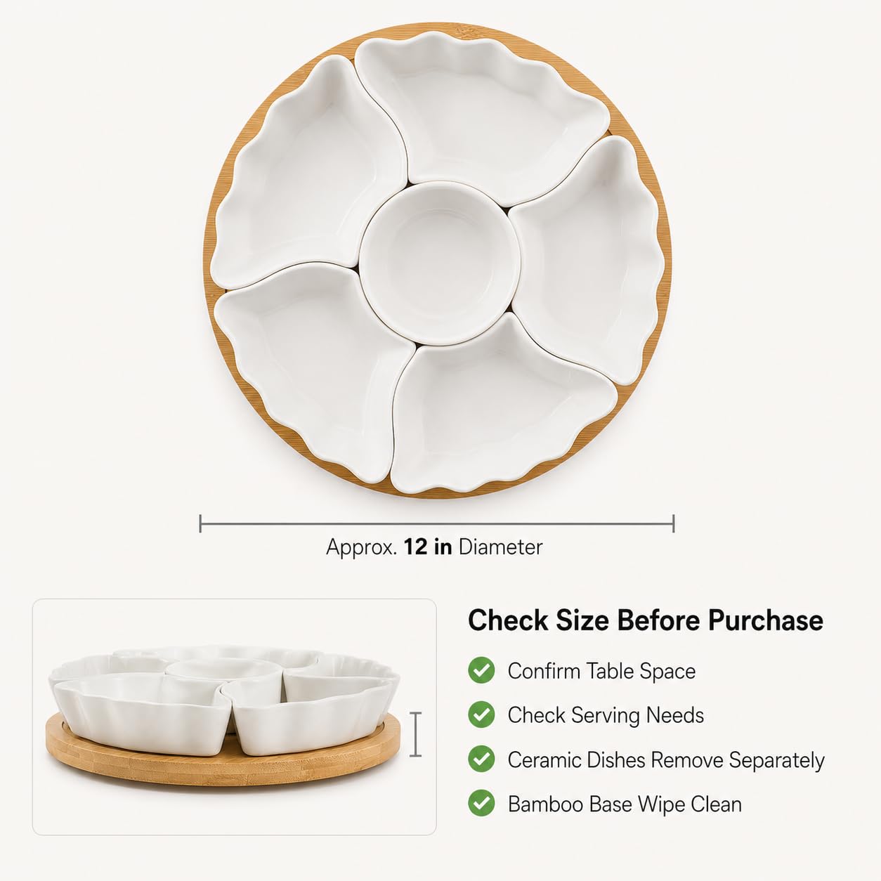 DLIM HOME 7-Piece Divided Serving Tray Set for Party, 12-Inch Rotating Serving Tray for Dining Table with Removable Dividers, Lazy Susan Platter for Charcuterie, Appetizers & Snacks