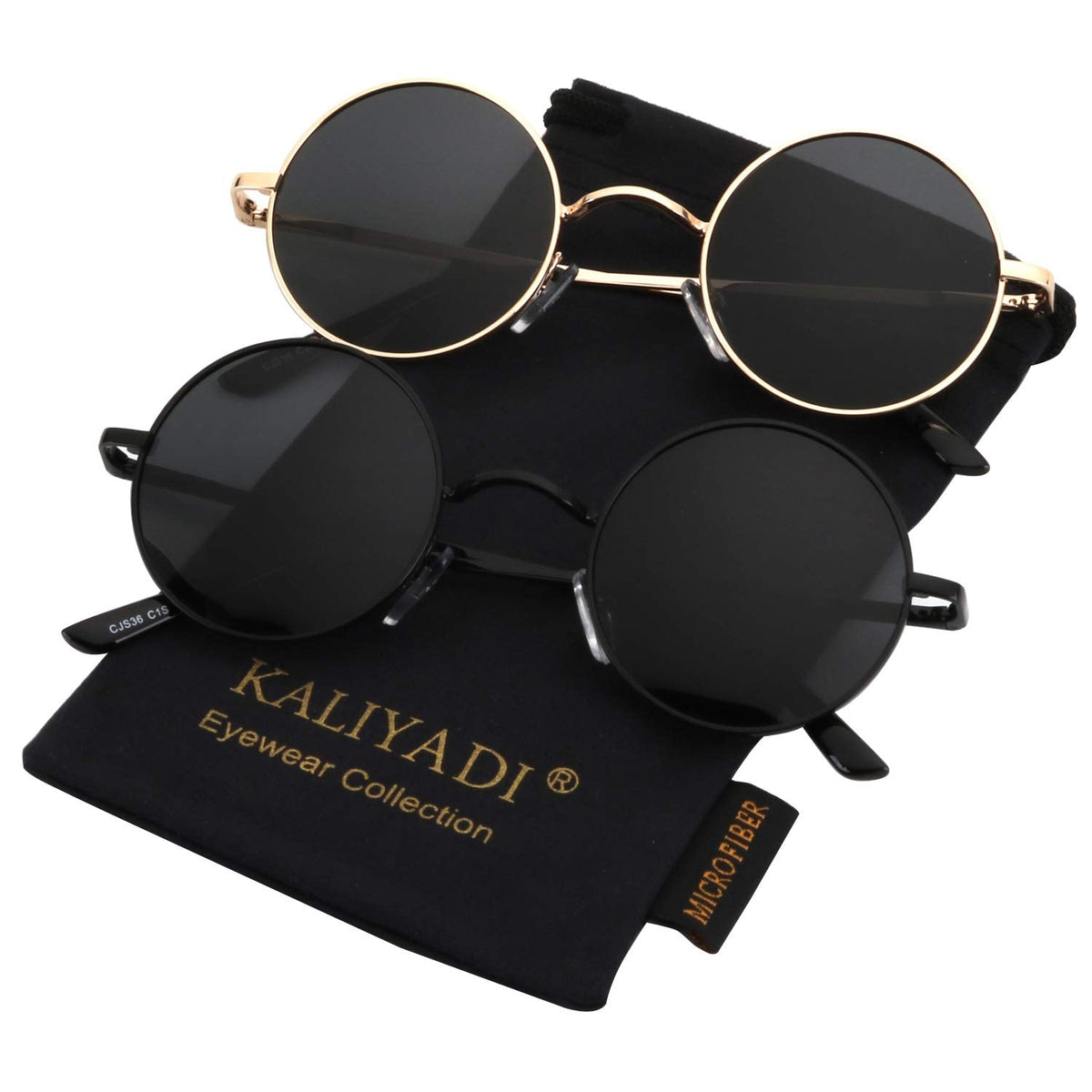 KALIYADI Round Polarized Sunglasses for Men Women Retro Metal Hippie Circle Style Sun Glasses UV Protection (2 Pack) 47mm