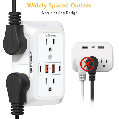Wall Outlet Extender with Night Light, Power Plug Adapter 6 Outlet Extender with 4 USB Charging Ports 1050J Power Strip Multi Plug Adapter Spaced for Home Travel Office (2U2C)