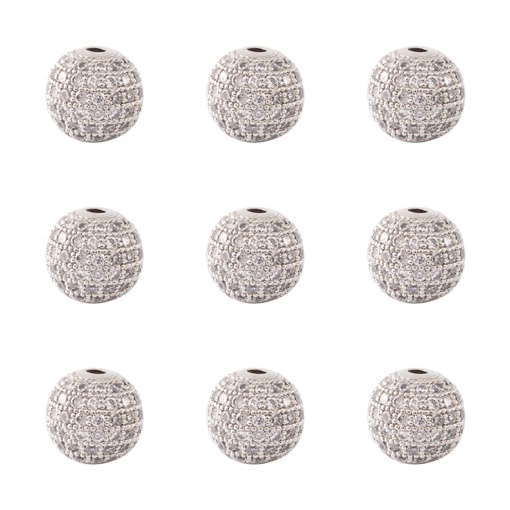 Cheriswelry 10pcs 10mm Grade AAA Platinum Micro Pave Cubic Zirconia Charm Beads Round Crystal Clear CZ Stone Disco Ball Beads Bracelet Connector Spacer for DIY Jewelry Making