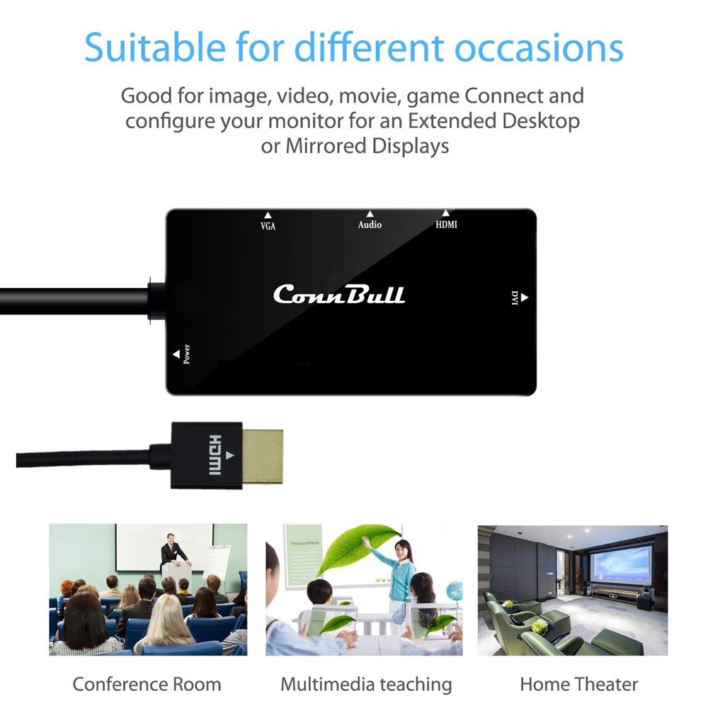 ConnBull HDMI to VGA DVI HDMI Adapter Supports 480P 720P 1080P HD with Audio Multiport Video Converter, Black