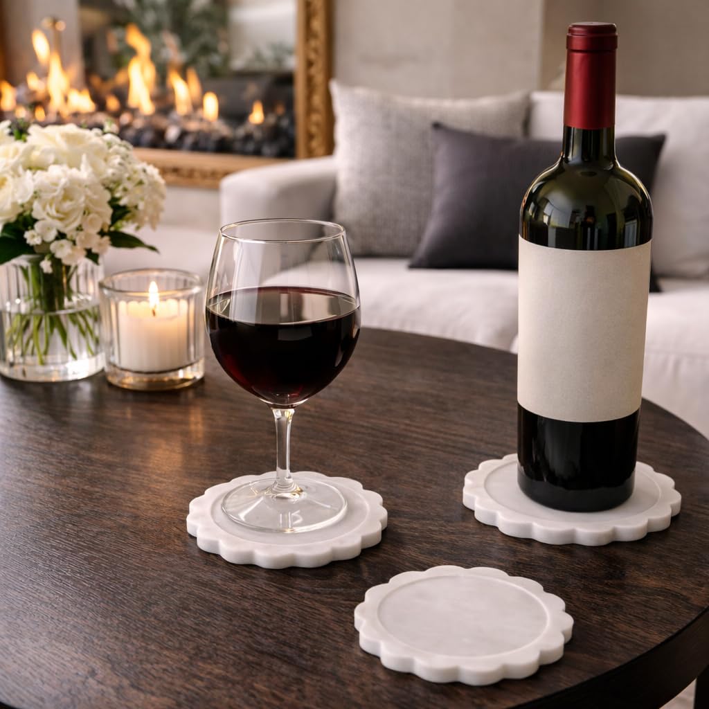 Luxury Marble Coasters Set of 4 – Natural Stone Drink Coasters for Coffee Table, Absorbent Marble Cup Coasters, Modern Table Protectors, Elegant Floral Coasters, Housewarming Gift
