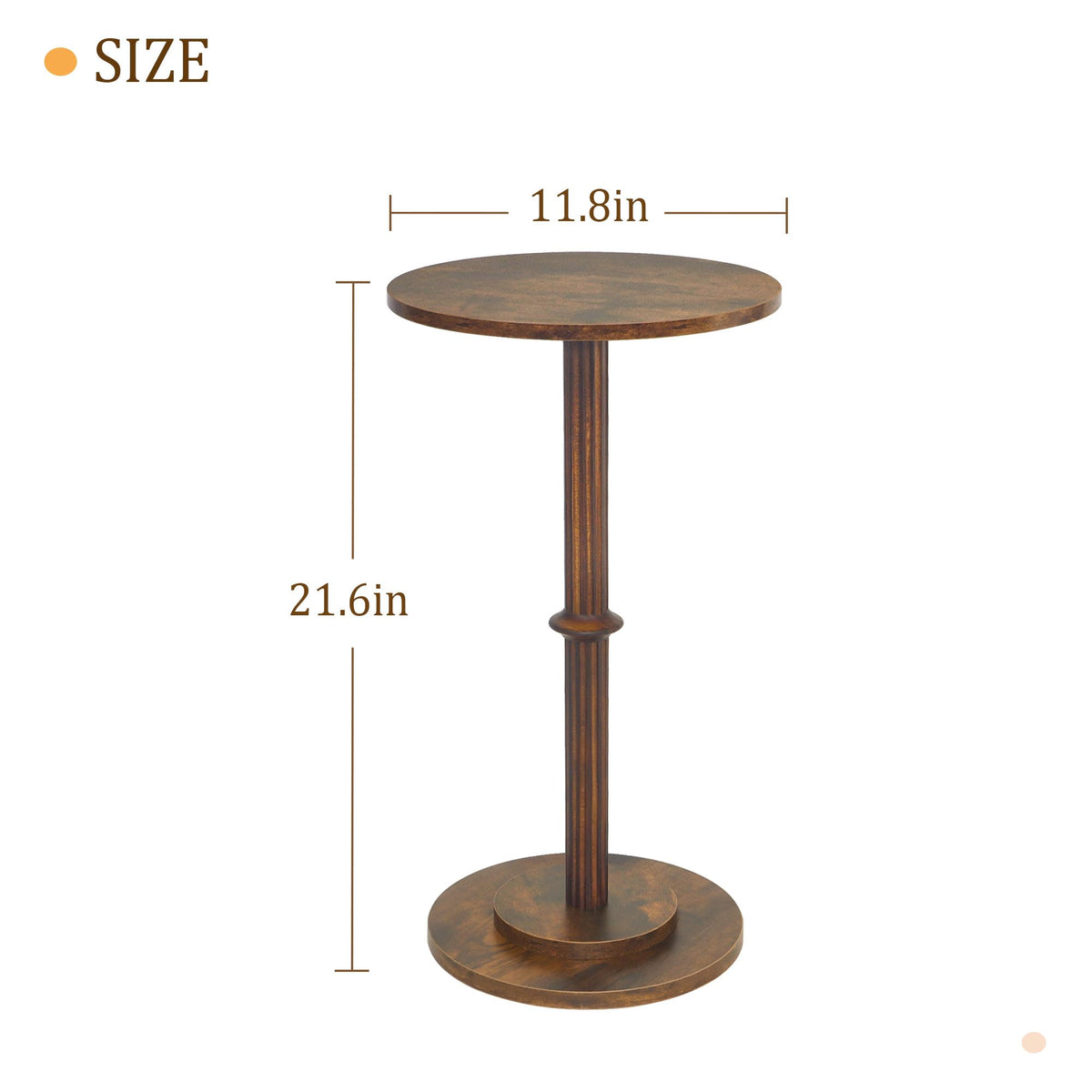 MaxSmeo Drink Table, Small Side Table for Small Spaces, Modern Round End Table with Fluted Wood Leg, Rustic Brown
