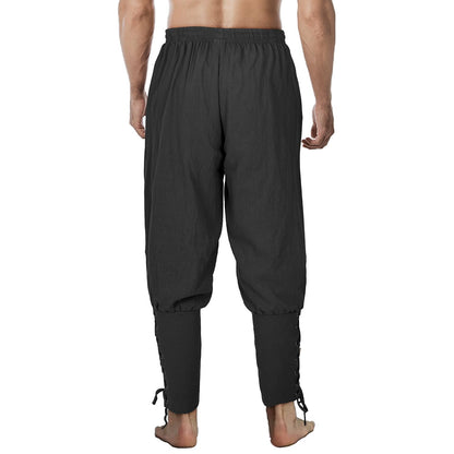 Teyujosem Men's Pirate Pants Renaissance Medieval Viking Pants Linen Ankle Banded Trousers Halloween Costume(Z3707BK,2XL)