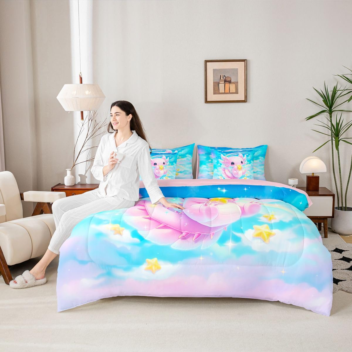 Erosebridal Dreamy Axolotl Queen Bedding Set for Kids Girls Teens Cute Axolotl Comforter Set with Flat and Fitted Sheet Cartoon Stars Blue Sky 7-Piece Bed in a Bag Rainbow Colorful Cloud Quilt Sets
