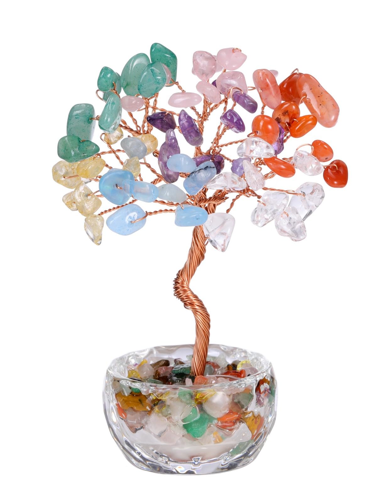 Jovivi Small 7 Chakra Crystals Tree, Natural Crystal Healing Stones Tree Glass Bowl Base Gemstone Money Trees Feng Shui Good Luck Home Desk Decor