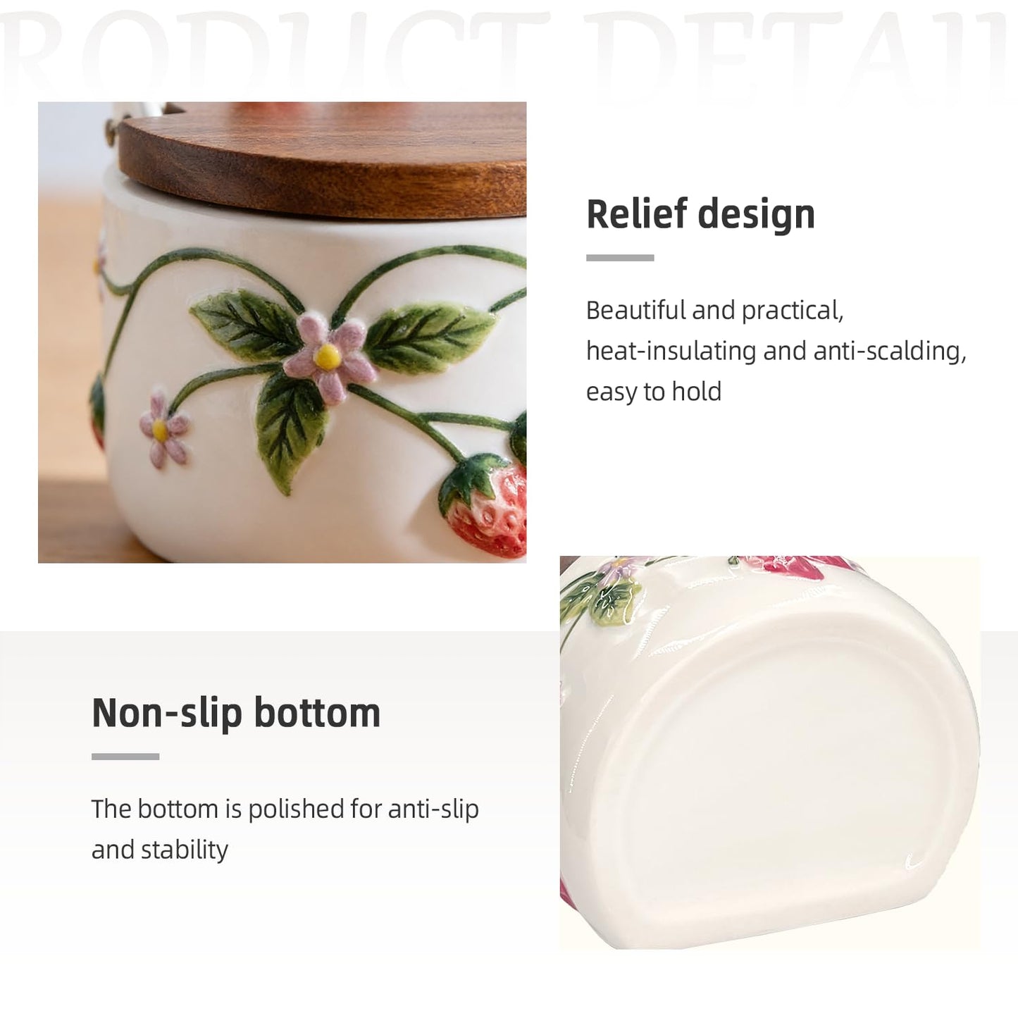 Salt Cellar, 13.5 oz Ceramic Salt Cellar with Lid and Spoon - Strawberry 3D Relief Design Seasoning Jar with Acacia Wood Lid, Suitable for Salt, Sugar, Pepper - Kitchen Countertop Storage Container