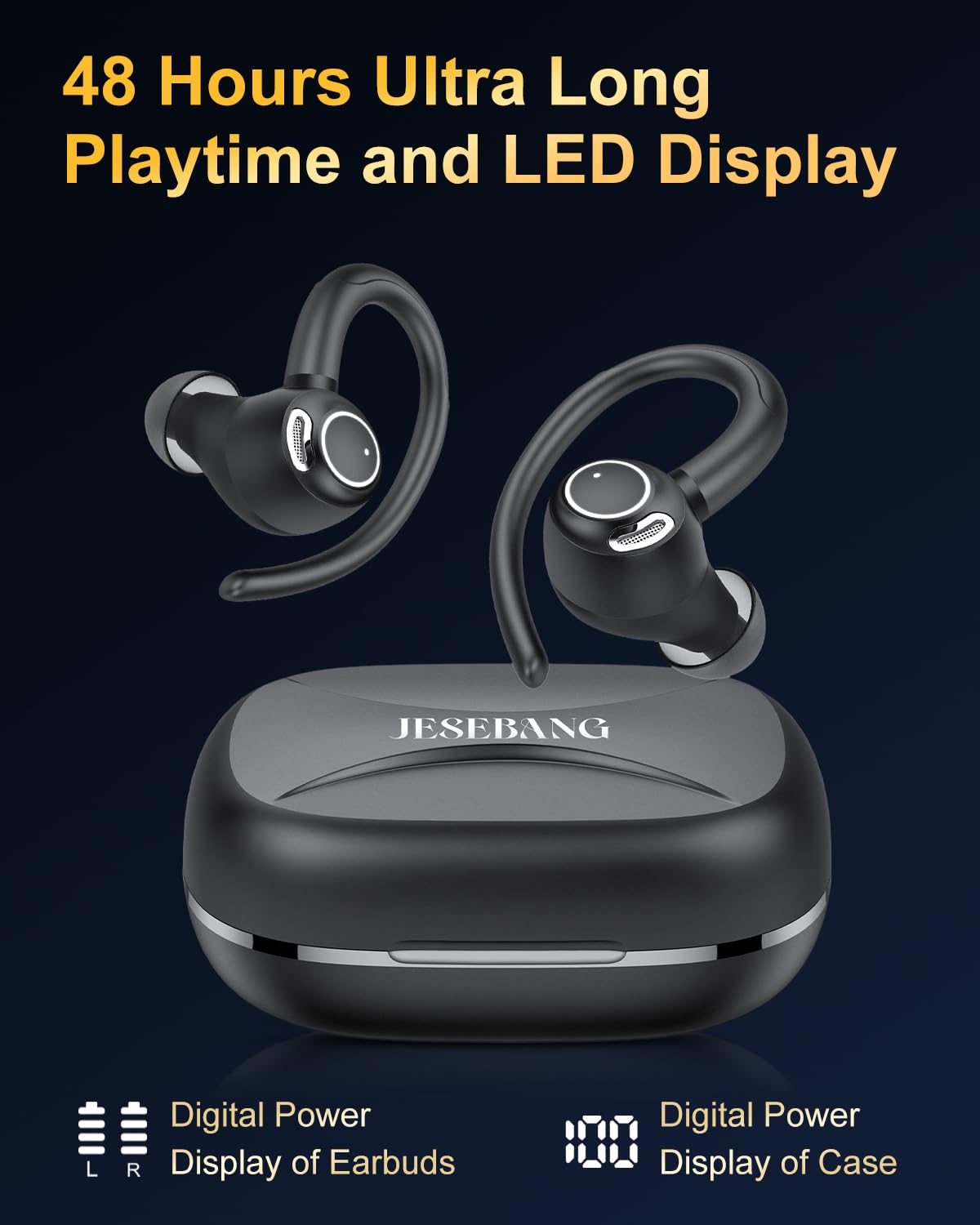 Jesebang Wireless Earbuds, Bluetooth 5.3 Headphones, 2024 Wireless Earphones HiFi Stereo Sound with ENC Mic, Sport Headsets in Ear EarHooks for Running, 40H Dual LED Display, IP7, Black