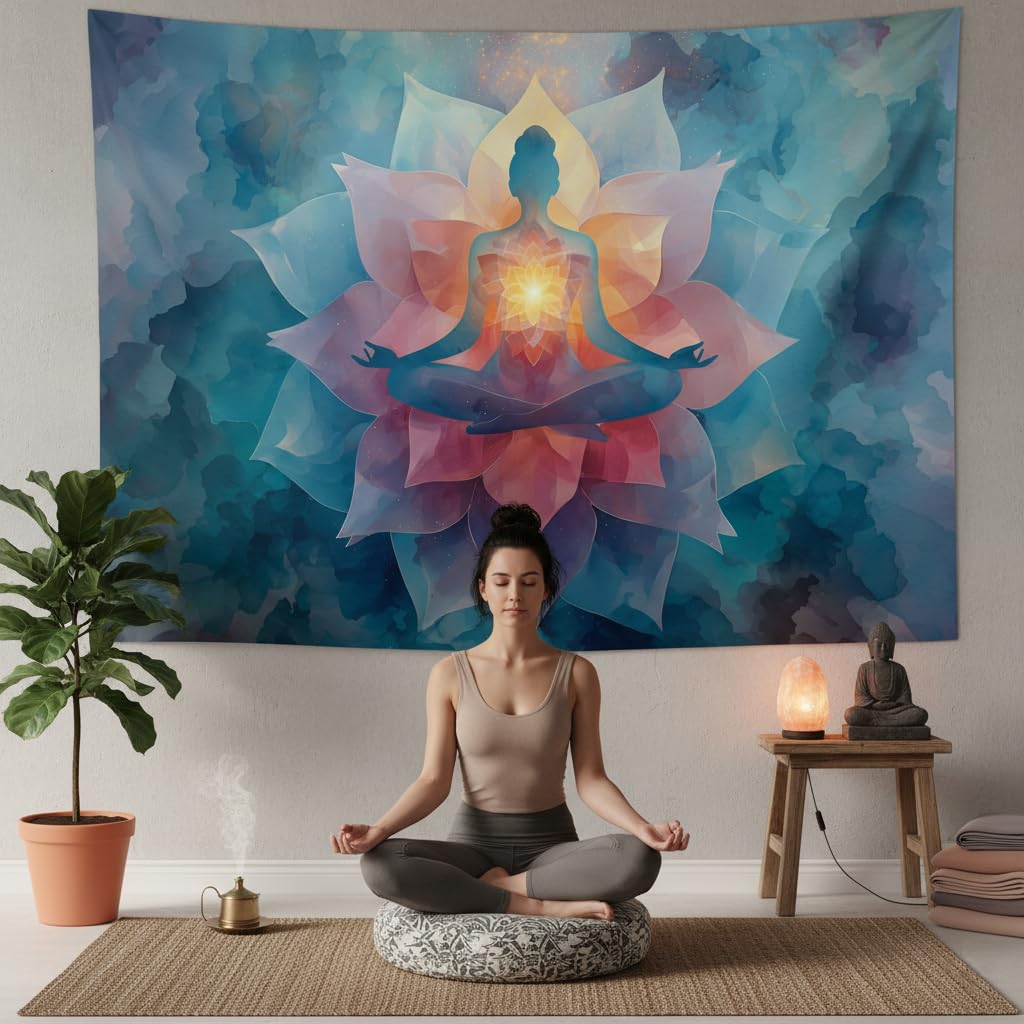 YJDYJD Meditation Wall Tapestry – Spiritual Chakra Wall Hanging with Vibrant Lotus Flower Design, Mindfulness Yoga Room Tapestries, Large Fabric Art for Bedroom & Studio