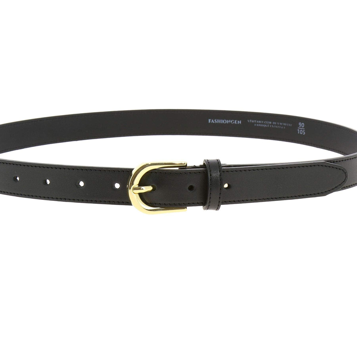 FASHIONGEN - Women genuine Italian leather belt LUNA, Made in France - Black (Golden buckle), 80 cm (31 in) / Waist size 29 to 30
