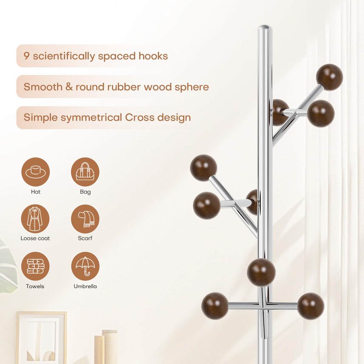 WOOW DEPOT Coat Rack Freestanding, Metal Coat Tree with 9 Rubber Wood Hooks, Heavy Duty Coat Hanger Stand with Marble and Stainless Steel Base, Standing Hall Tree for Clothes, Hats, Bags, Jacket