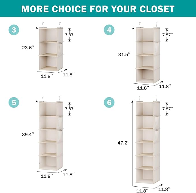 YOUDENOVA Hanging Closet Organizer, 4-Shelf Closet Hanging Storage Shelves