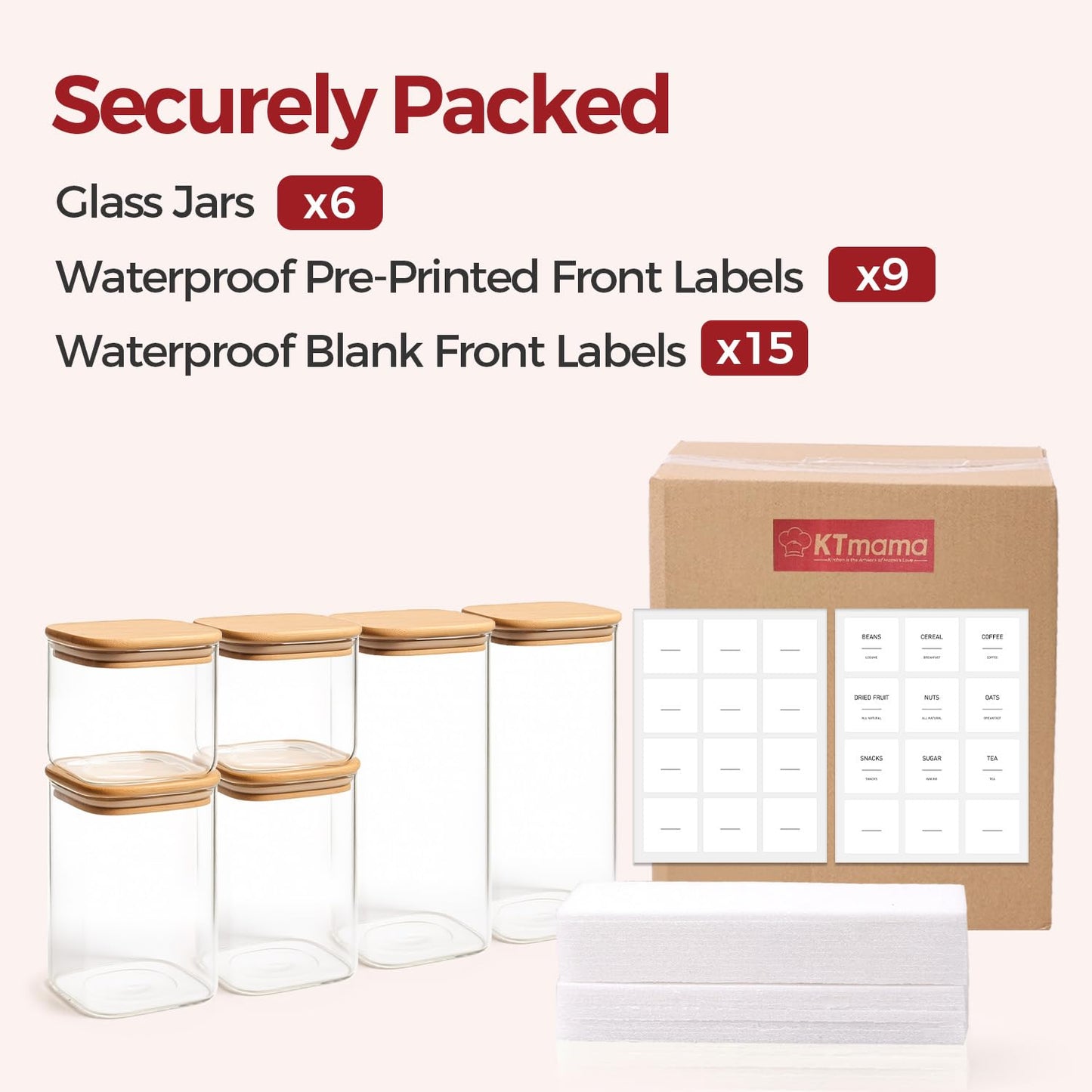 KTMAMA 6-Pack Square Glass Pantry Storage Containers with Lids, Airtight Stackable Pantry Organization and Storage Set (1.6 Qt/1 Qt) for Snacks, Cereal & Coffee