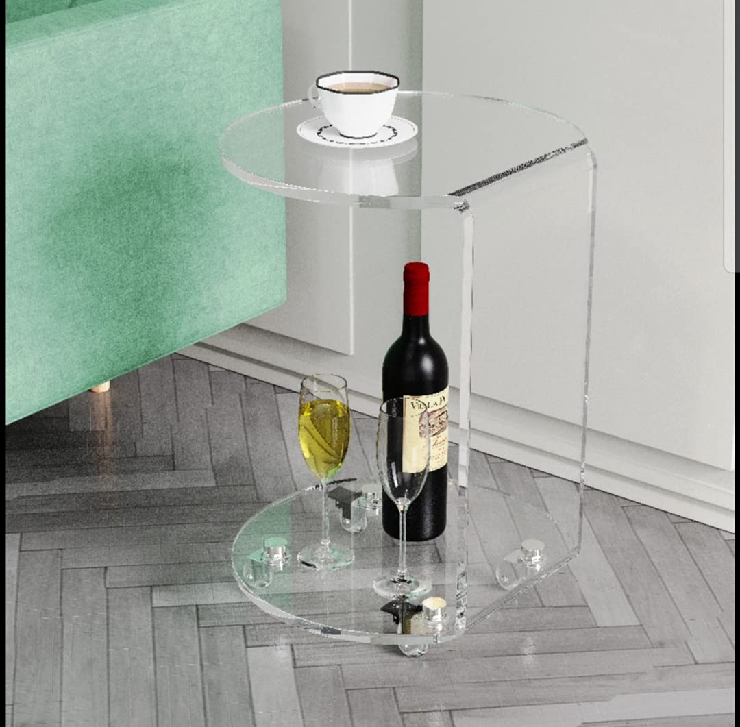 C-Shaped Round Acrylic Side Sofa Table on Wheels,Clear Rolling Decoration Table for Living Room or Bedroom