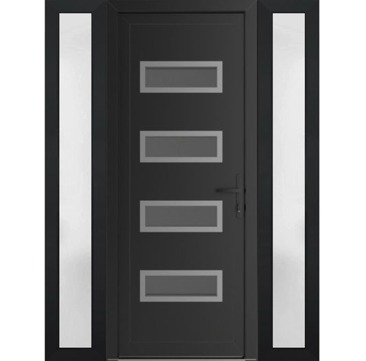 VDOMDOORS Front Exterior Prehung Metal-Plastic Door Frosted Glass | Manux 8113 Matte Black | 2 Side Sidelite Transoms | Residential Doors Entrance Patio Garage 64 x 80 (W14+36+14 x H80) Left-Inswing