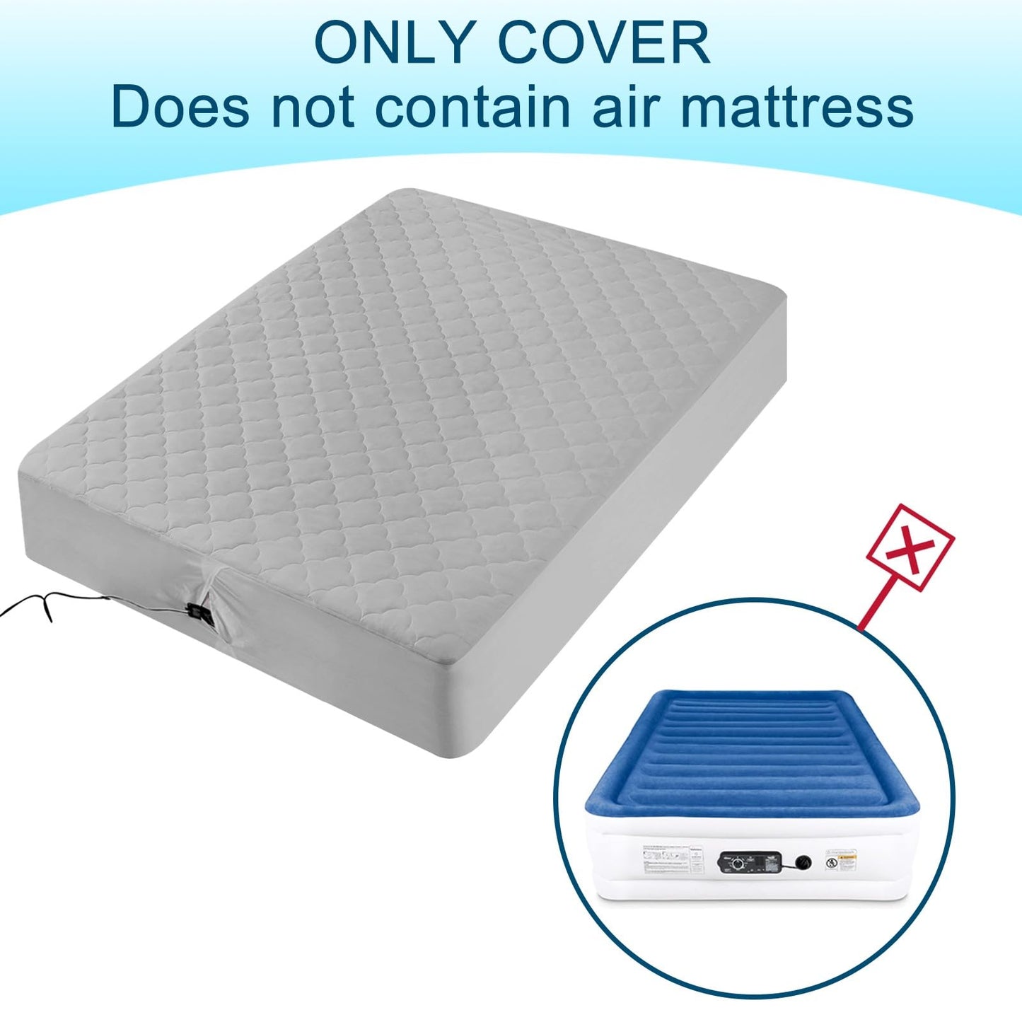 Queen Air Bed Mattress Pad with 15-24 Inch Deep Pockets - Waterproof Protector for Warm Sleep & Cold Air Insulation,Perfect for Camping, Guest Bed, Pets & Overnight Visitors-Gray