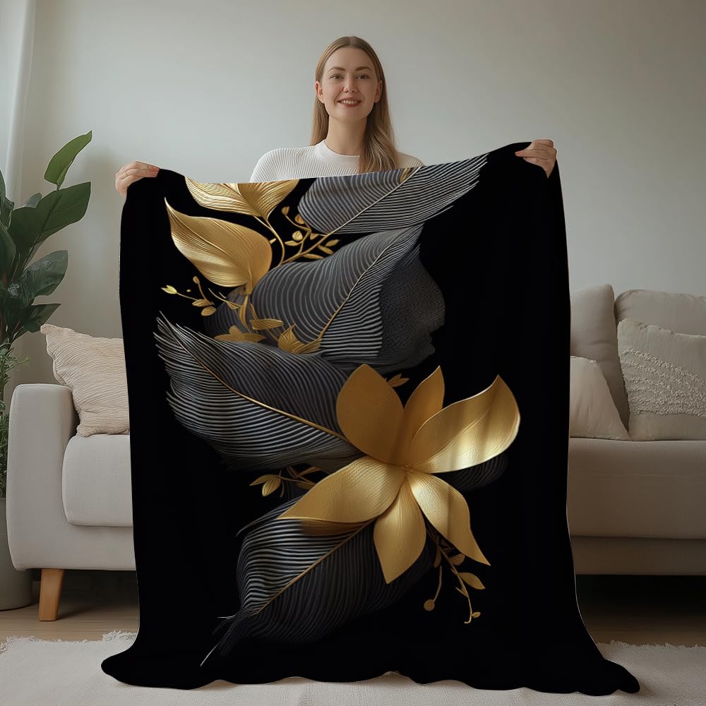 HUNXIAOJ Black and Gold Throw Blanket Abstract Print Blanket Gold Leaves Throw Abstract Bedding Warm Soft Flannel for Adults Bed Sofa Couch (50 in x 60 in)