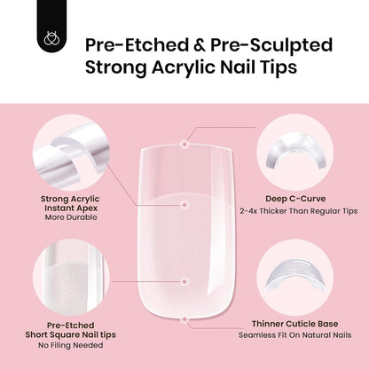 Beetles Tipex Gel Nail Kit, Medium Almond Nail Tips 224 Pcs 16 Sizes Pre-Building Pre-Etched Thick Acrylic Tips with Tipex Glue, Mini Lamp