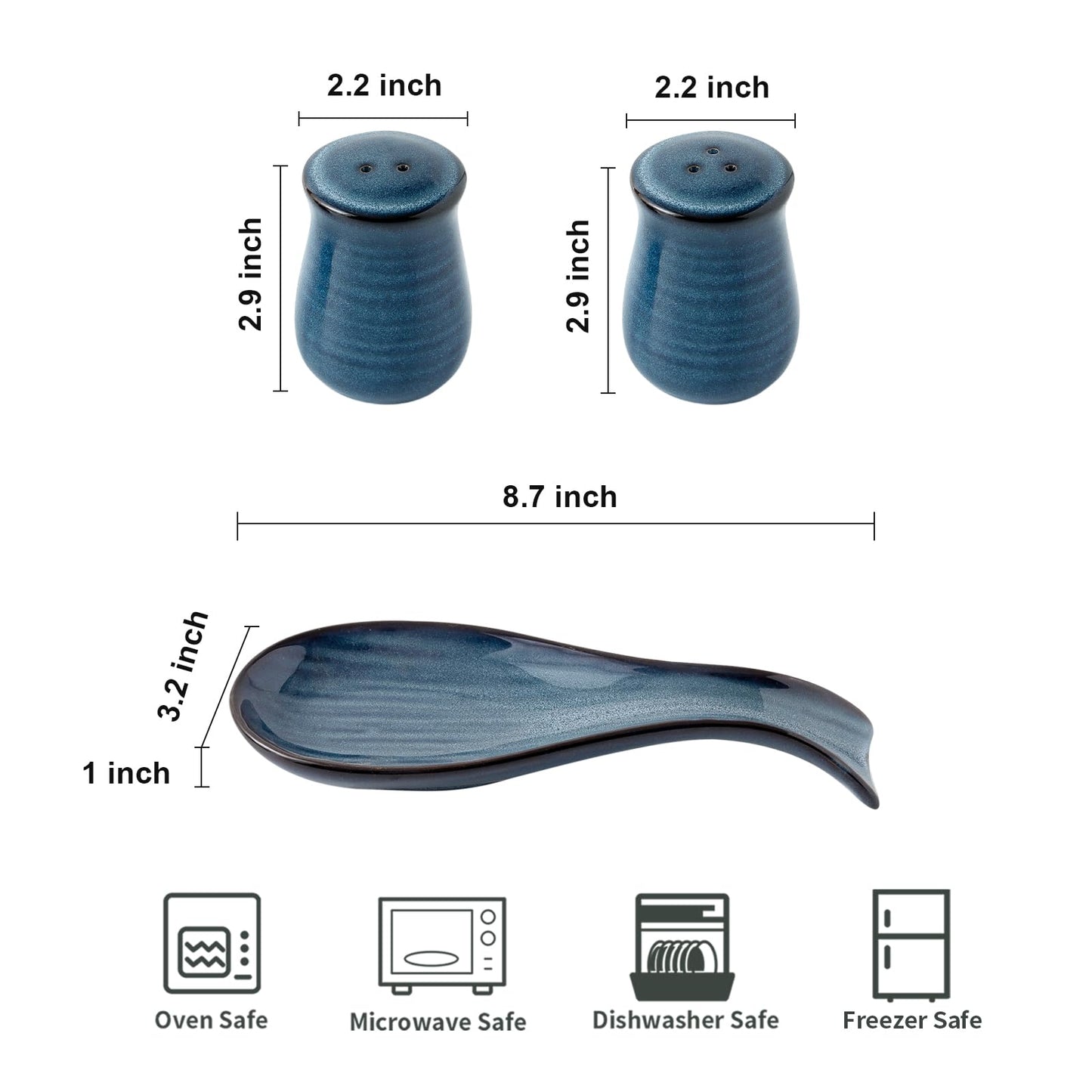 Hasense Salt Pepper Shakers and Spoon Rest 3 in 1 Set, 2 Pieces Navy Reactive Glaze Dinnerware Accessories Set Perfect for Home Decor, Kitchen Housewarming, Ceramic Utensil Rest Set Farmhouse Decor