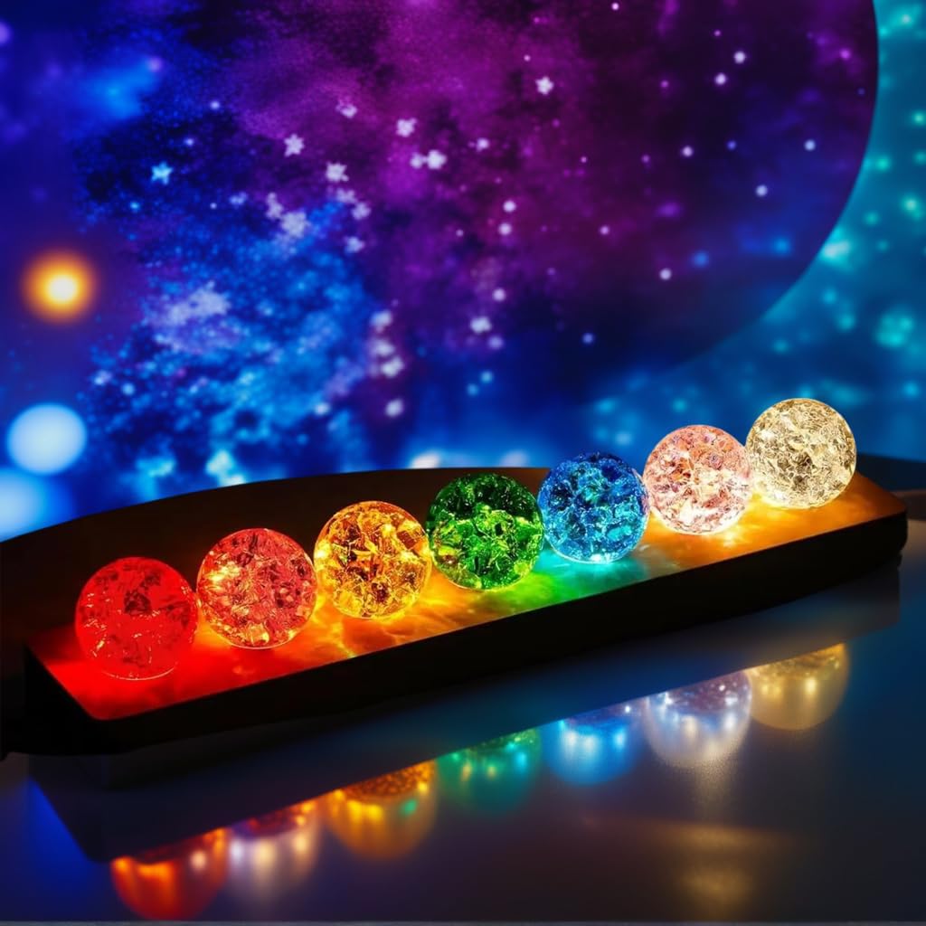 40mm 7 Colors Ice Cracked Glass Crystal Chakra Balls with LED Wooden Base
