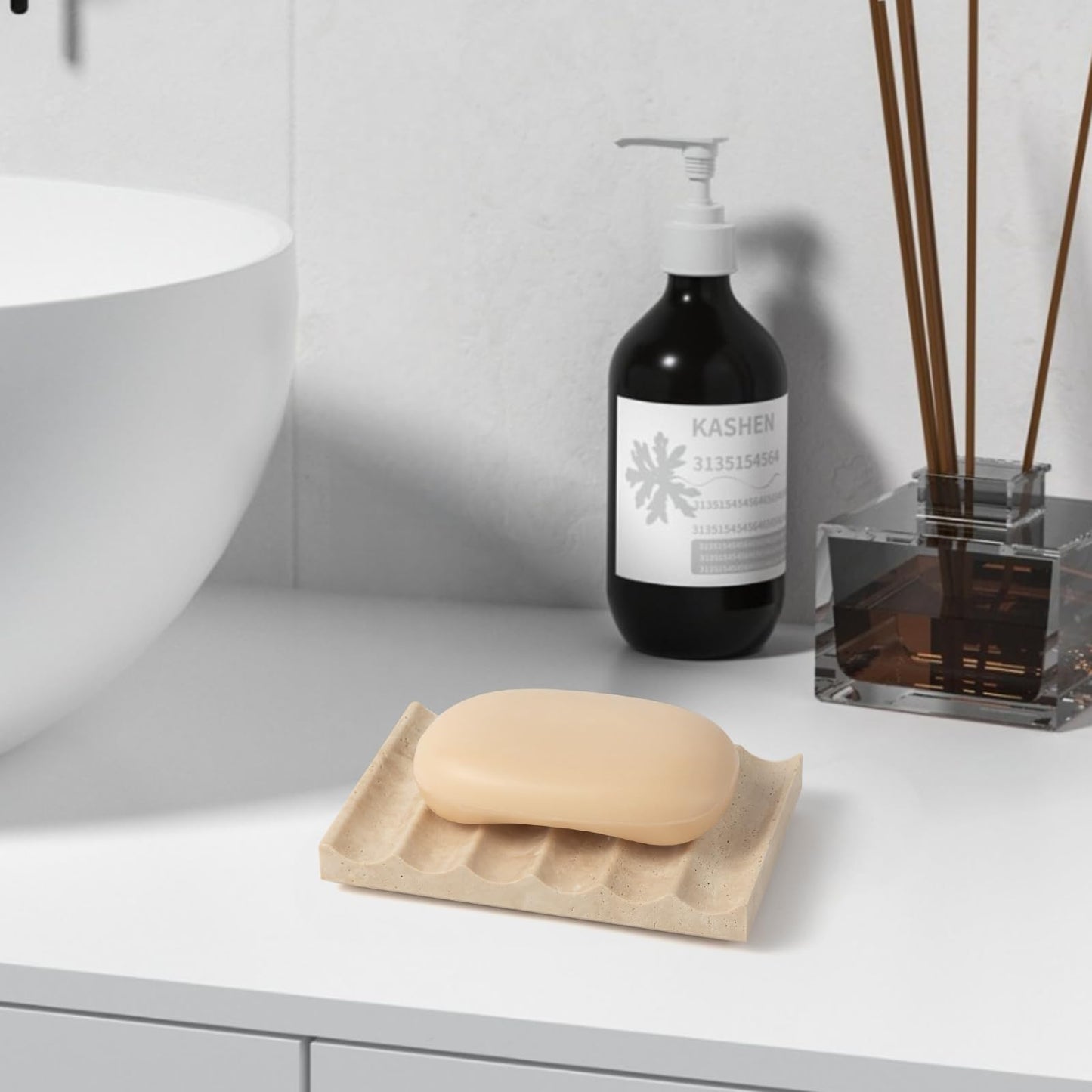 Soap Dish Rectangular, Beige Travertine Stone Soap Holder with Self Draining - Shower Bathroom Kitchen, Jewelry Ring Display Tray