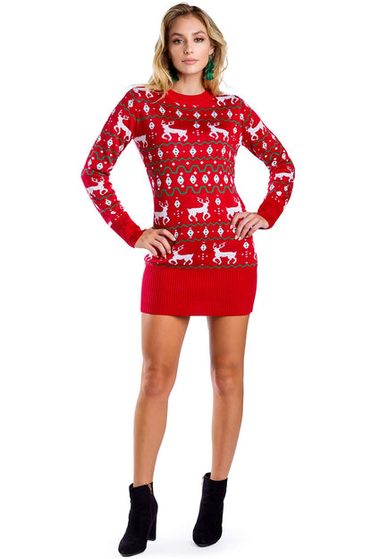 Tipsy Elves Christmas Sweater Dresses for Women - Cute Winter Themed Dresses - Instant Holiday Outfits - Women's Easy Red Reindeer Fair Isle Christmas Sweater Dress Size Small