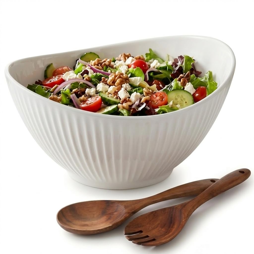 Hoilse 60oz Large Ceramic Salad Bowl with Acacia Wood Utensils, 10" Oval White Serving Bowl for Soup, Pasta, Fruit, Snacks – Mixing Bowls for Entertaining, Party, Kitchen, Dinner – Housewarming Gift