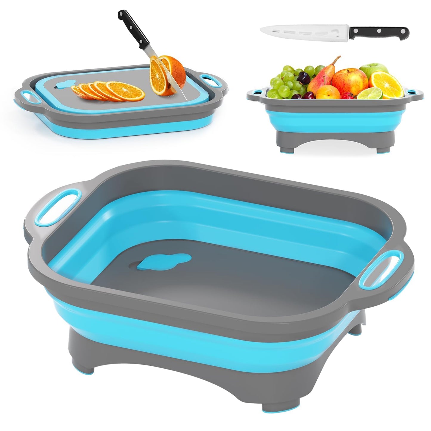 Collapsible Cutting Board,HI NINGER Camping cutting board with knife,Multifunctional Kitchen Vegetable Washing Basket Silicone Dish Tub for Camping Kitchen essentials/bbq prep tub/rv accessories