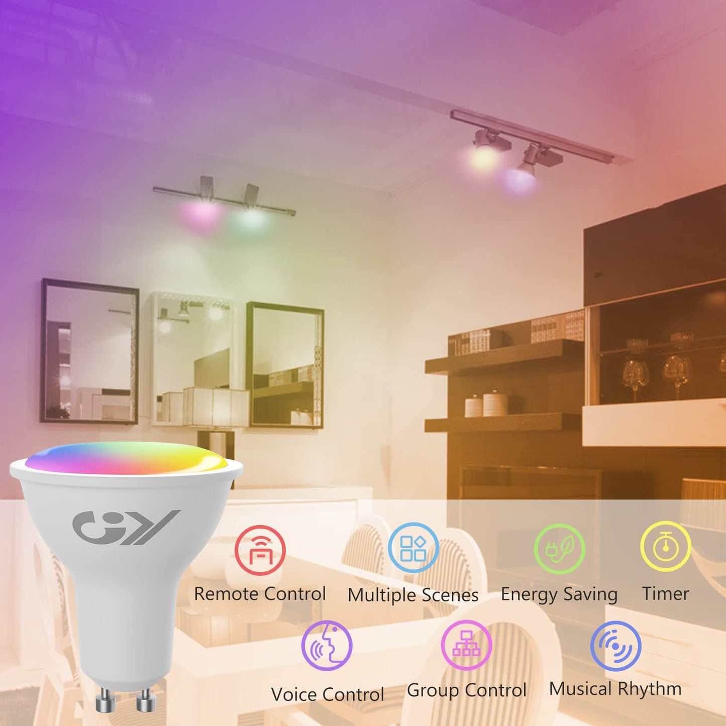 GY GU10 Smart Bulb,RGBCW Dimmable Colour Changing Alexa Light Bulbs,Compatible with Alexa&Google Home WiFi Light Bulbs(2.4GHz WiFi Only) 7W 500LM, 2 Packs