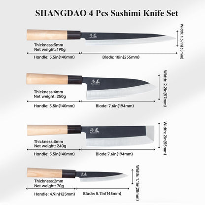 SHANGDAO Japanese Kitchen Chef Set Of 4 Knives Set Sushi Knife Set, Nakiri-Yanagiba-Deba-Utility Kitchen Knife,Fish Slicing Filleting Knife Sets, German Steel