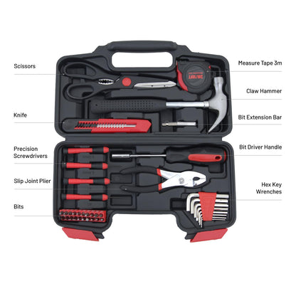HANTINSTINA 39-Piece Household Tools Kit - Comprehensive and Essential Repair Set Tools for Dorm, Home Use, DIY (39p-red)