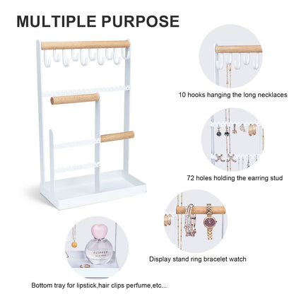 V-LAFUY Jewelry Holder Organizer, 4 Tier Necklace Holder Jewelry Tower with 10 Hooks 88 Holes, Jewelry Stand Organizer Storage Bracelets Earrings Rings Watches - Elegant White
