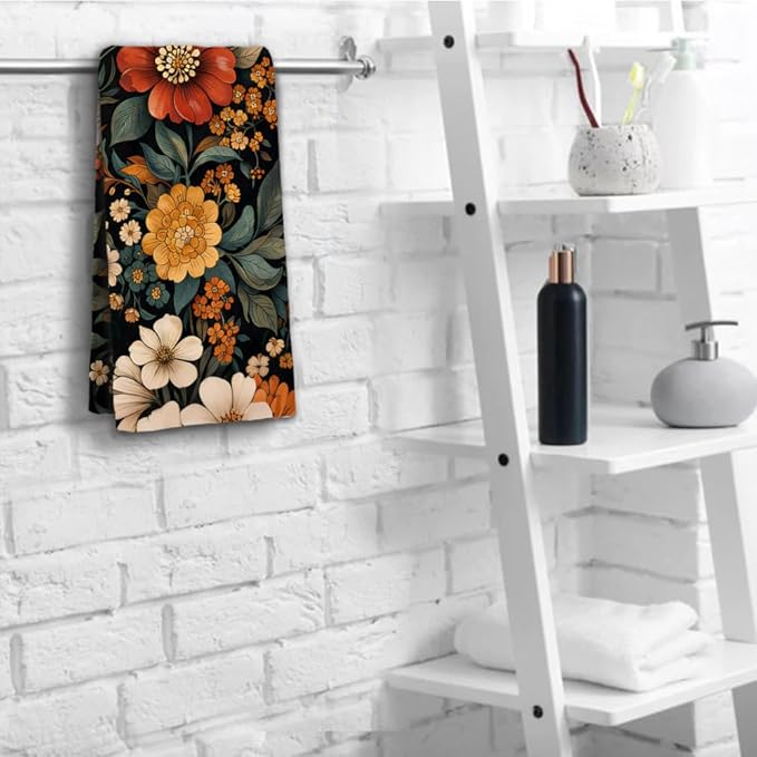 Boho Floral Hand Towels Set of 2 Mid Century Flower Kitchen Towels Decorative