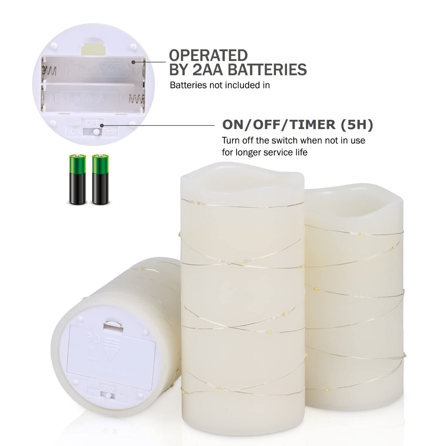 H-BLOSSOM Flickering Flameless Candles Ivory Real Wax Pillar with Embedded String Lights LED Candles Battery Operated with Cycling 5H Timer Set of 3 (3" x 4"/5"/6") (Ivory)