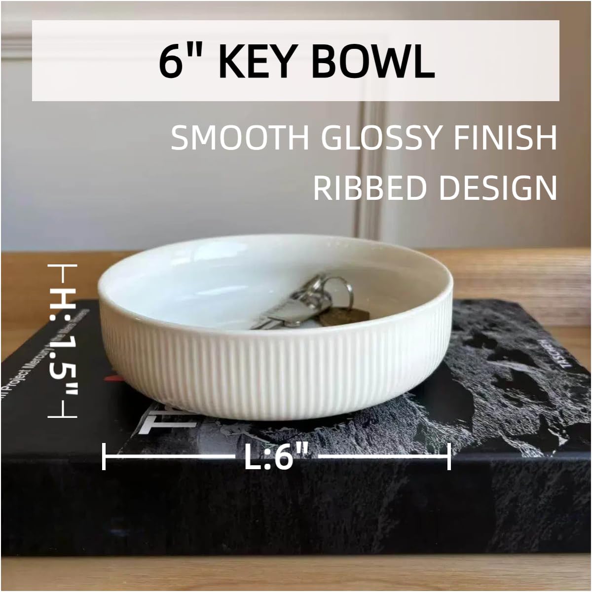 JolieJulie 6'' Key Bowl, White Decorative Bowl With Ribbed Design, key Holder for Entryway Table, Purse Bowl, Candy Dish