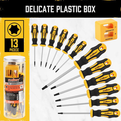 13Pcs Magnetic Torx Screwdriver Set, T5-T40 Star Screwdriver with Magnetize & Demagnetize, Heavy Duty Chrome Vanadium Steel Made