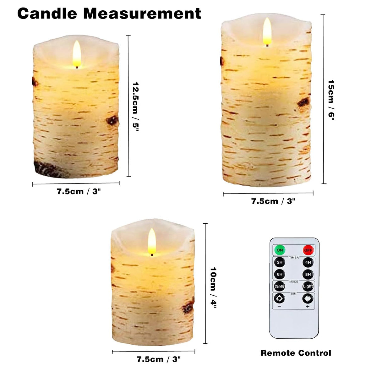 3 Pack Birch Bark Flameless Candle Set, 4" 5" 6" Flickering Battery Operated Candles with Remote Control, Electric Candle with Timer, Dancing Flames Real Wax LED Pillar Candles for Home Decor Party