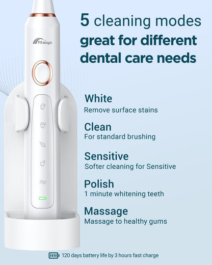Rtauys M5 Sonic Electric Toothbrush for Adults and Kids - Rechargeable Electric Toothbrush Kids Ages 12+ and Adults with 8 Brush Heads & Travel Case, 120 Days Battery Life - Pink
