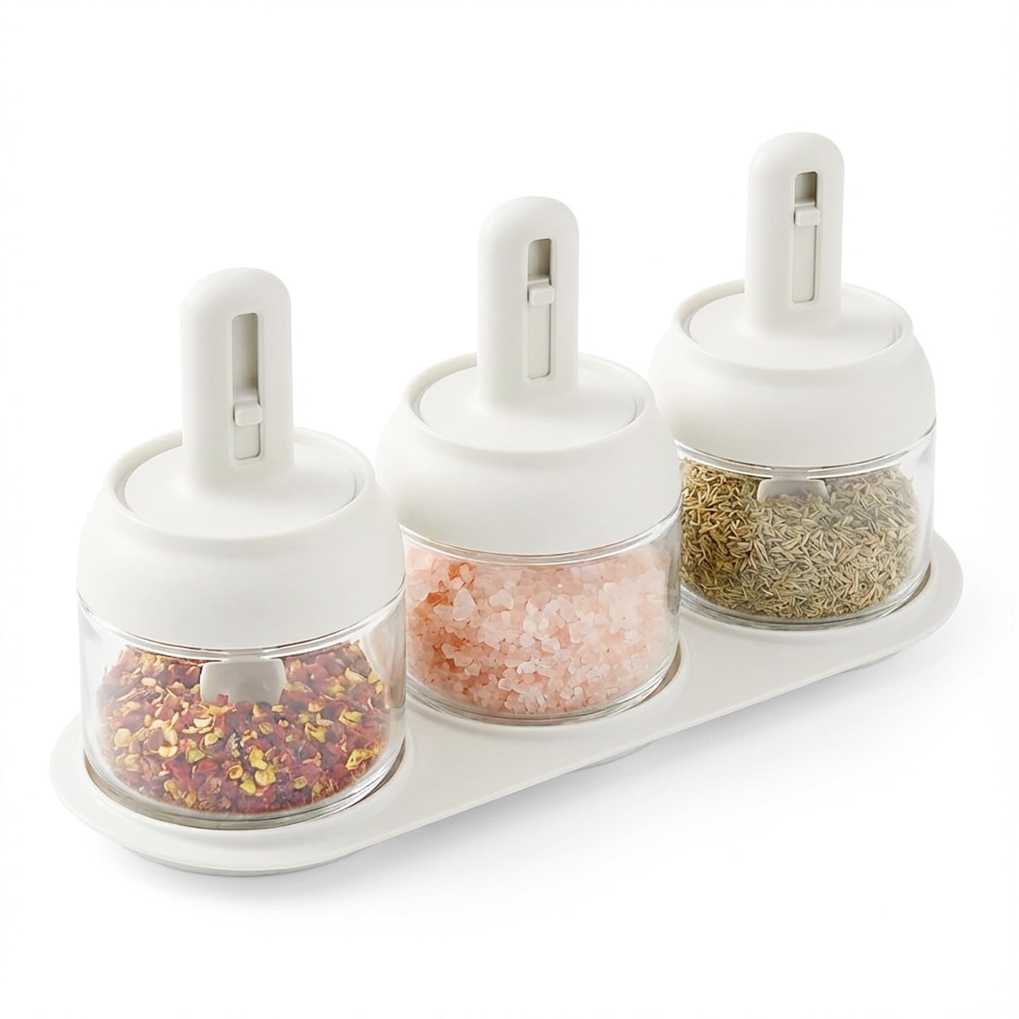 Povinmos® 3 Piece Glass Salt Container | Storage | Pepper,Table Salt, Sugar,Gourmet Salts,Spice |Chili Herbs |10 oz |Glass Salt Container with Lid and Retractable Spoon
