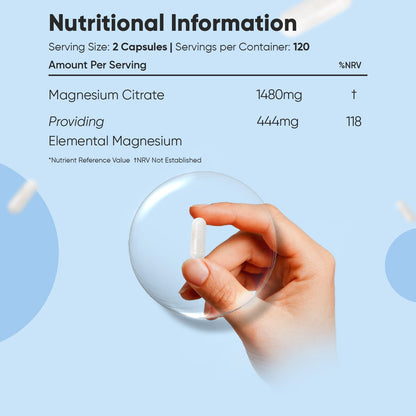 Magnesium Supplements | Magnesium Citrate Capsules (Buffered 30%) | 240 Vegan Capsules | Providing 444mg Elemental Magnesium | Lactose & Gluten-Free