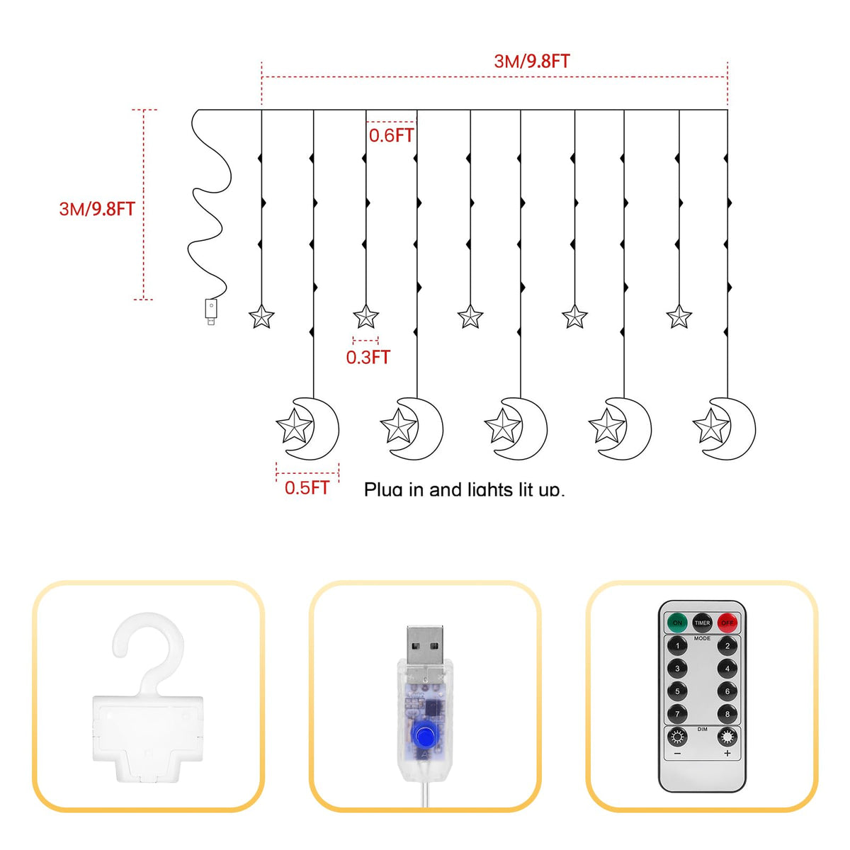 BomKra 130 LED Star Moon Curtain Decorative Lights, Ramadan Window Curtain Fairy String Lights, Remote Control & USB Plug, 8 Lighting Modes, for Indoor, Home Holiday, Party, Ramadan Decorations