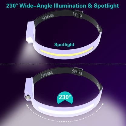 SEVENKA 2 Rechargeable Headlamps Flashlight, Bright LED Head Lamp, Headband Light for Adults & Kids, 1000Lumen Wide Beam & Spot Light, Motion Sensor, 2.4oz Lightweight, Hiking & Camping Gear