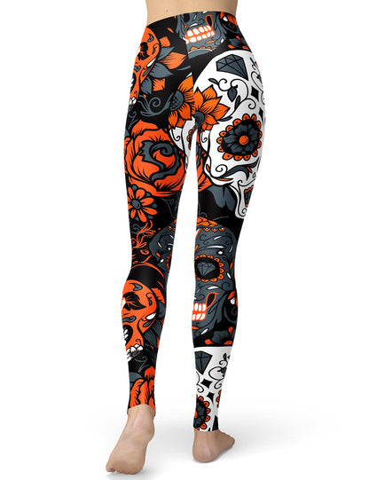sissycos Women's Sugar Skull Leggings Buttery Soft Rose Printed Halloween Stretchy Pants (Large, Orange)