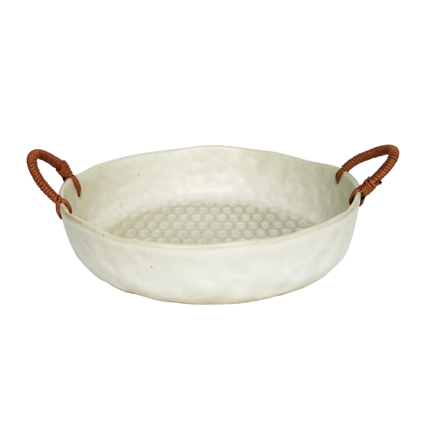 seicasaya 10" Ceramic Fruit Bowl with Woven Handles - Rustic Serving Dish with Speckled Glaze - Handcrafted Decorative Centerpiece Tray for Kitchen Counter (White, 10 Inch)