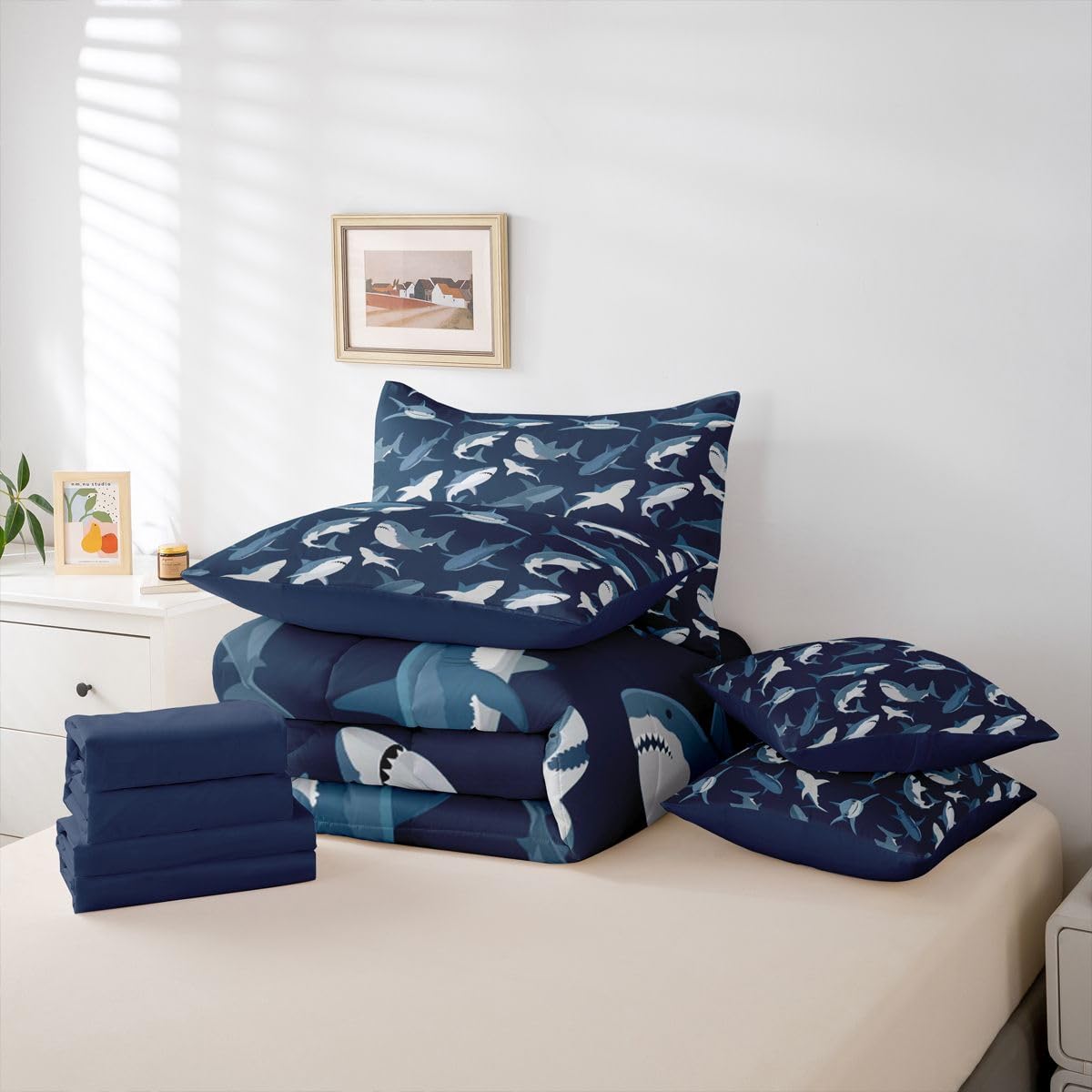 Erosebridal Boys Shark Queen Comforter Set with Sheets Navy Blue Ocean 7 Piece Bedding Set Cartoon Coastal Bed in a Bag, Under Sea Marine Life Sealife Nautical Sea Animal Room Decor