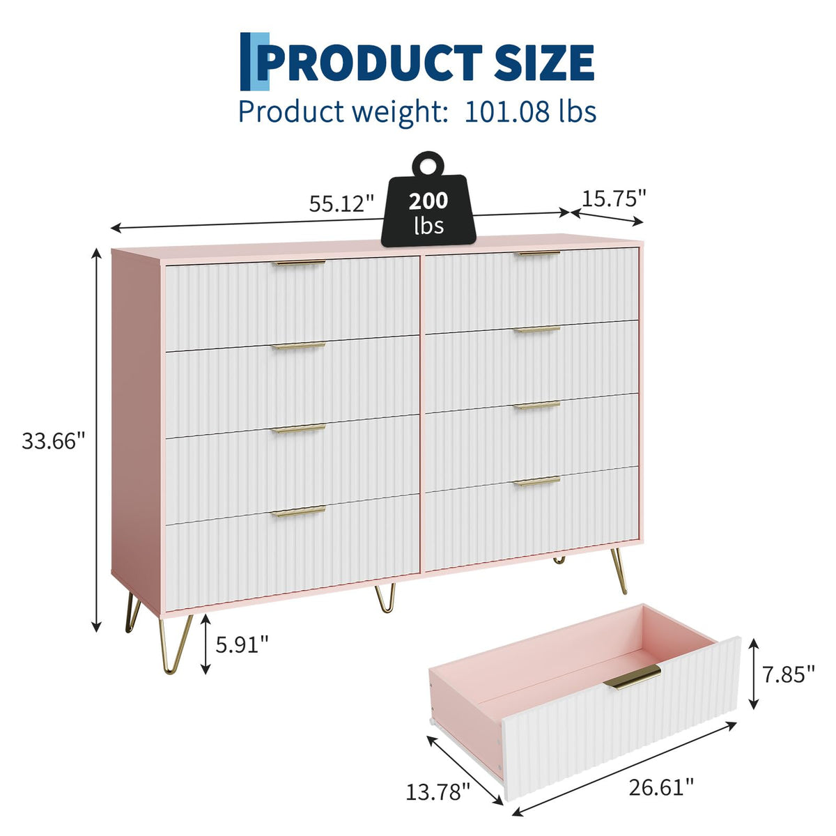 GarveeHome Fluted Dresser for Bedroom with 8 Drawers,55" Wide Modern Chest of Wooden Bedroom Chest with Metal Handle,Clothes Storage Organizer,Dresser & TV Stand for Living Room,PIink