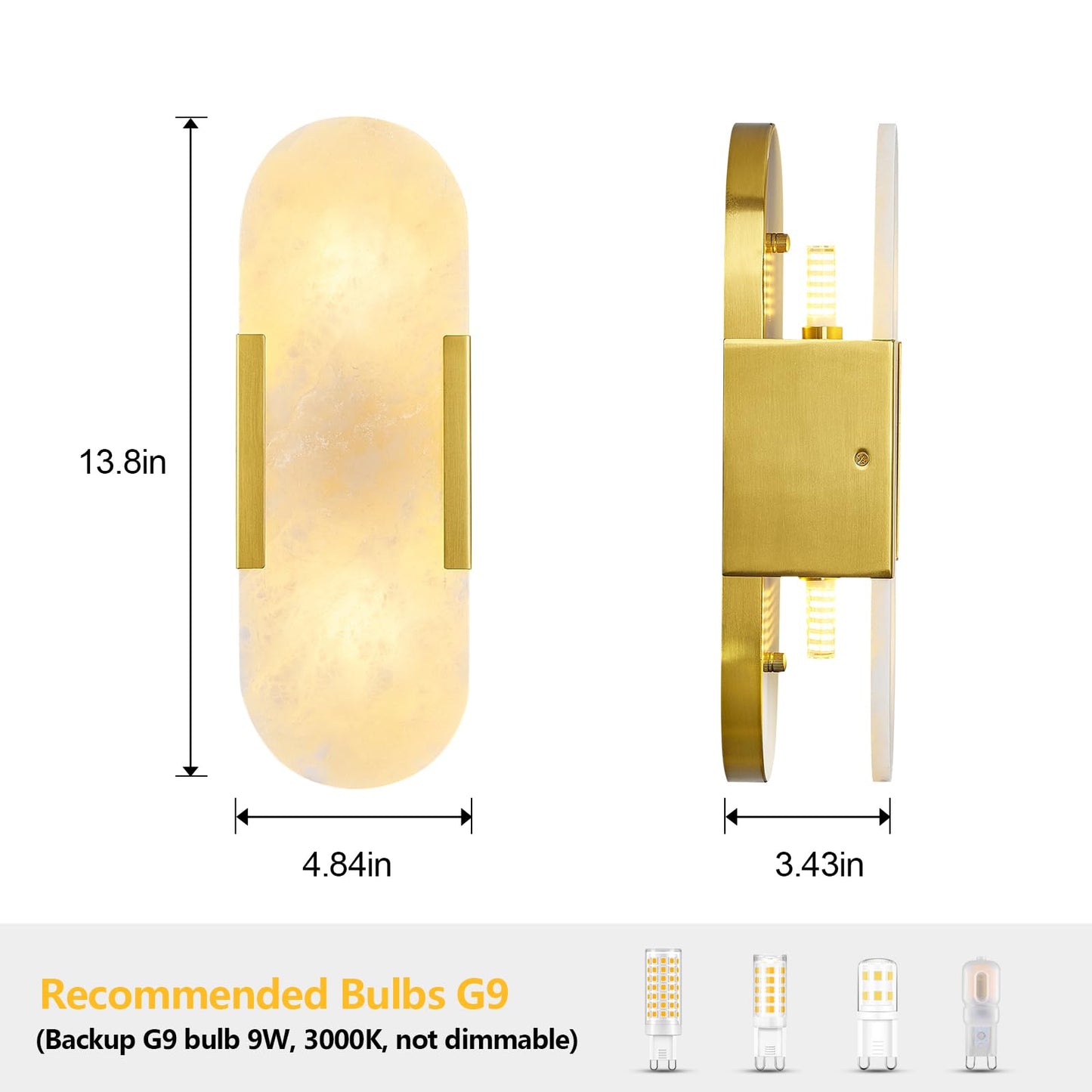 PNJXSRJH Natural Alabaster Wall Sconces, Modern Marble Gold Wall Sconce 14 inch Indoor Wall Lighting for Bedroom Bathroom Living Room Stairs (1-Pack)
