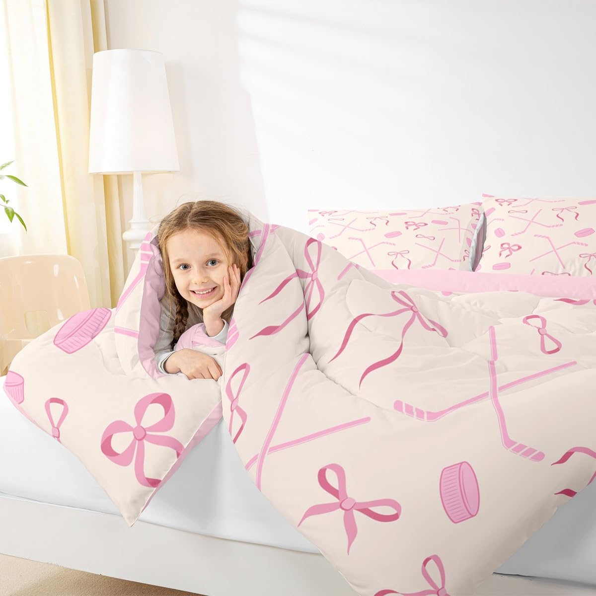 Castle Fairy Ice Hockey Full Bedding Set for Kids Adults,Girls Pink Hockey Stick and Ball Comforter Bed Set,Butterfly Bow Princess Style Quilt Set 3 PCS,Kawaii Girls Woman Duvet Insert,2 Pillow Cases