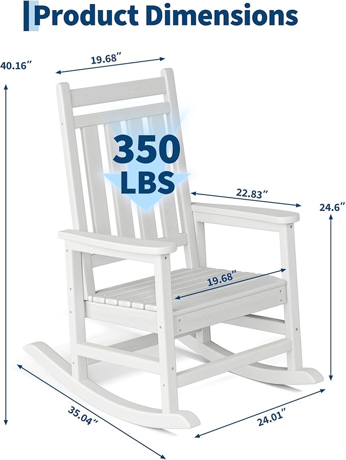 HDPE Rocking Chair Outdoor Set of 6 - Poly High Back Porch Rocker Chairs for Adults - All Weather Resistant Furniture for Patio Front Porch - White